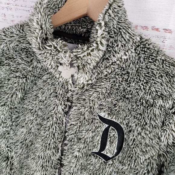 Disney Disneyland Fuzzy Fleece Jacket Womens Sz S Gray Embroidered Logo Full Zip - Picture 2 of 10